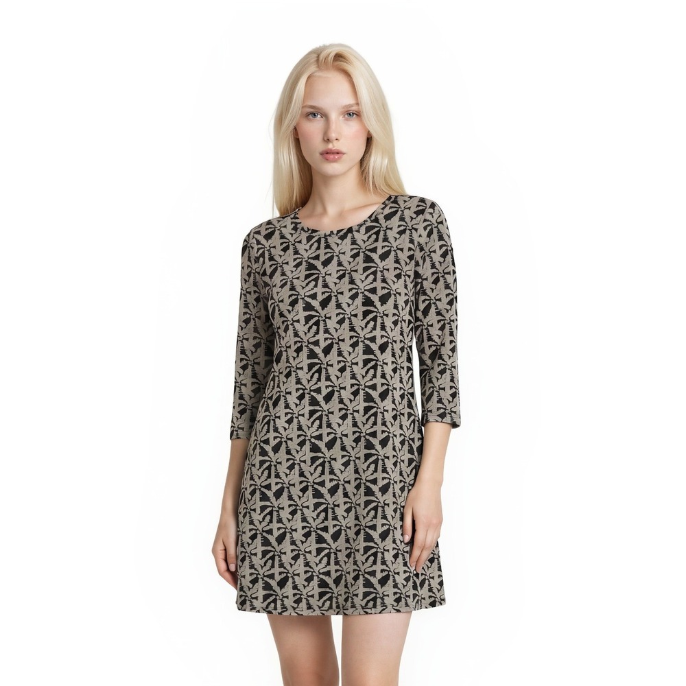 Lulu-B Shift Dress Women's Size Small Black Tan‎ Leaf Stretch SPF Performance